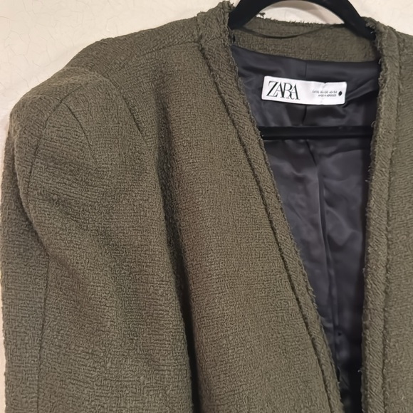 ZARA army green NEW tweed cropped blazer w/ shoulder pads & gold buttons-Sz.XXL - Picture 4 of 14